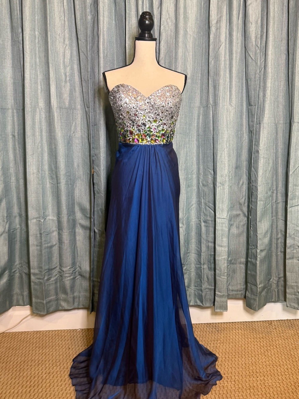 FAVIANA Strapless Navy Blue Evening Gown with Silver Beaded Bodice